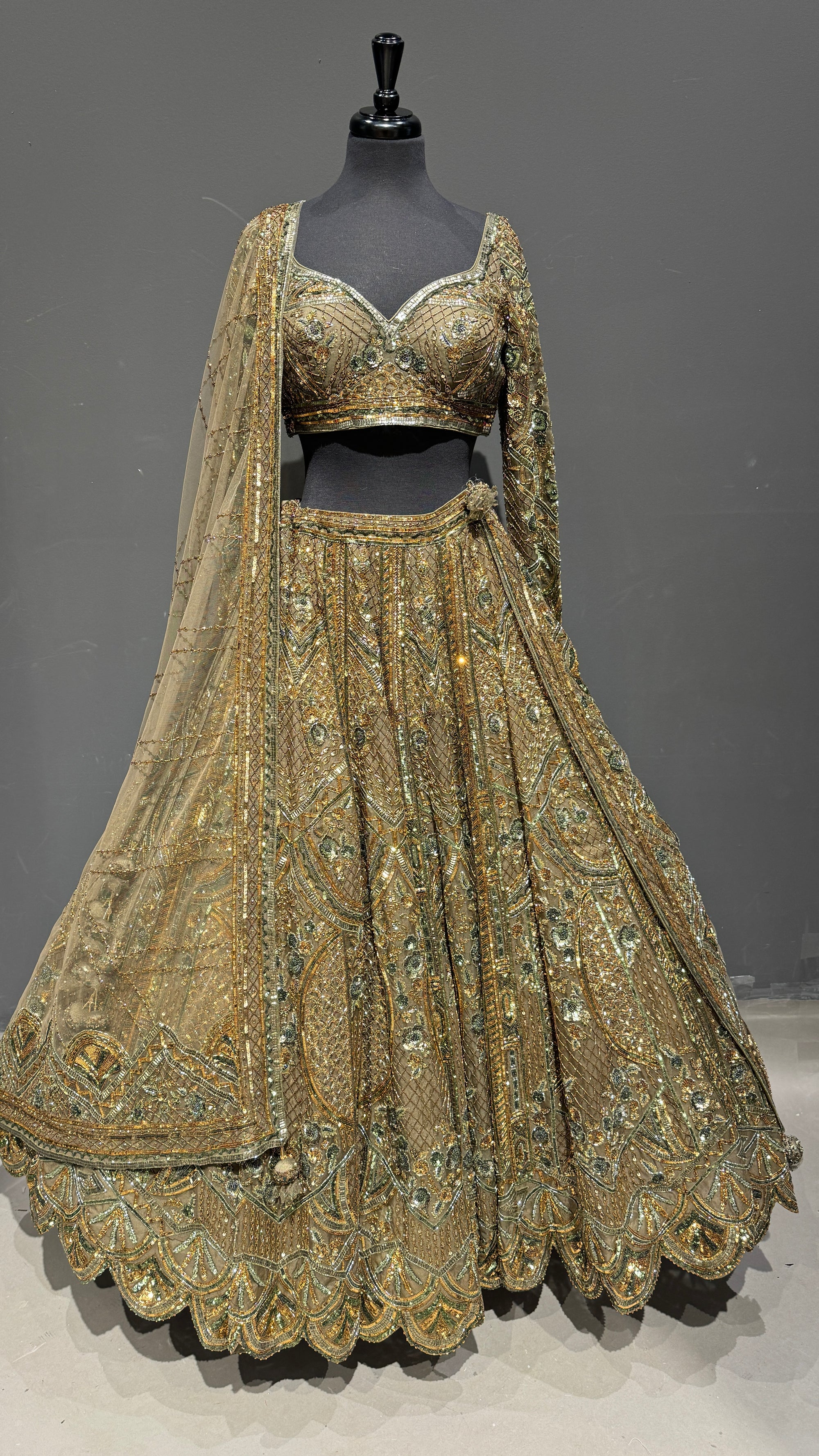 Premium Green Mehendi Lehenga with Handcrafted Pearl Detailing