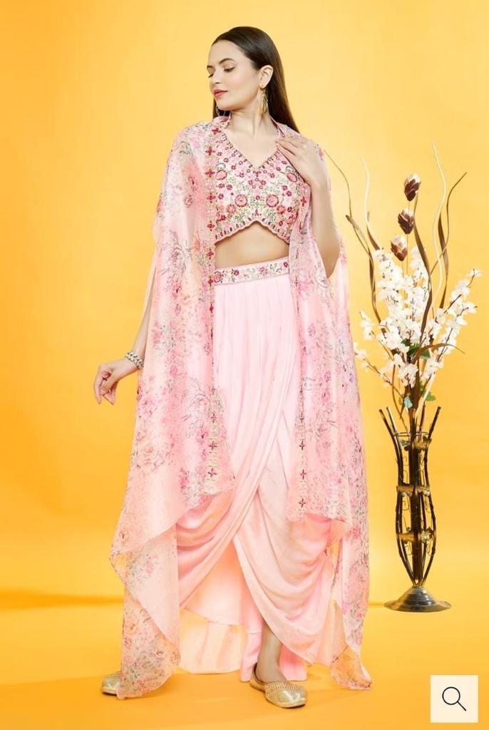 Cape Dhoti Fusion Set with Crop Top