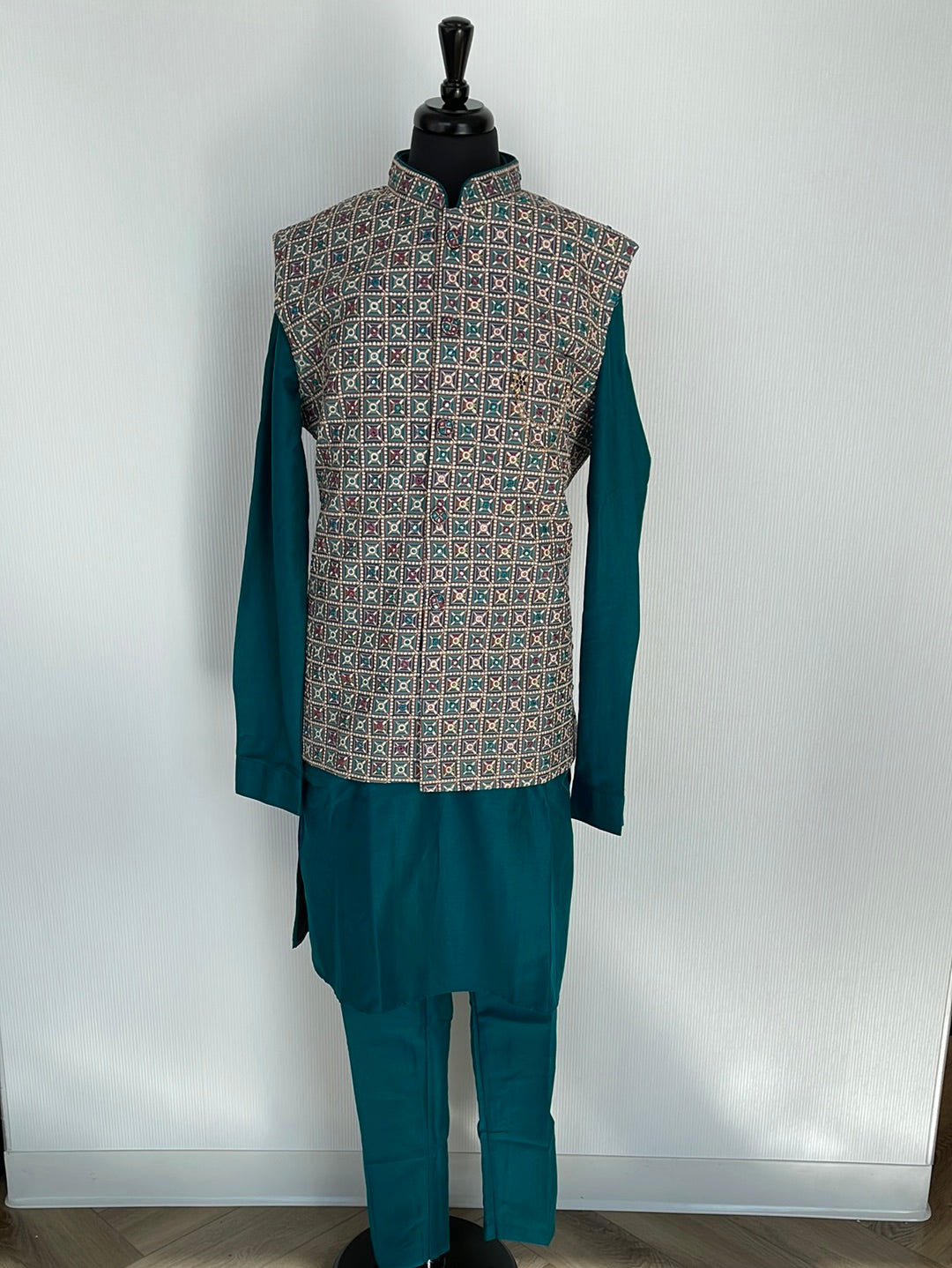 Royal teal kurta pajama with thread and mirror work jacket