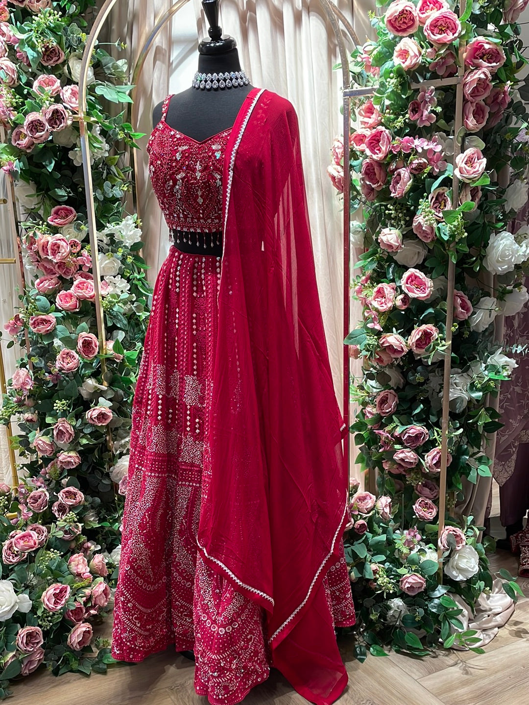 Red Hot Chikankari Sequins Lehenga