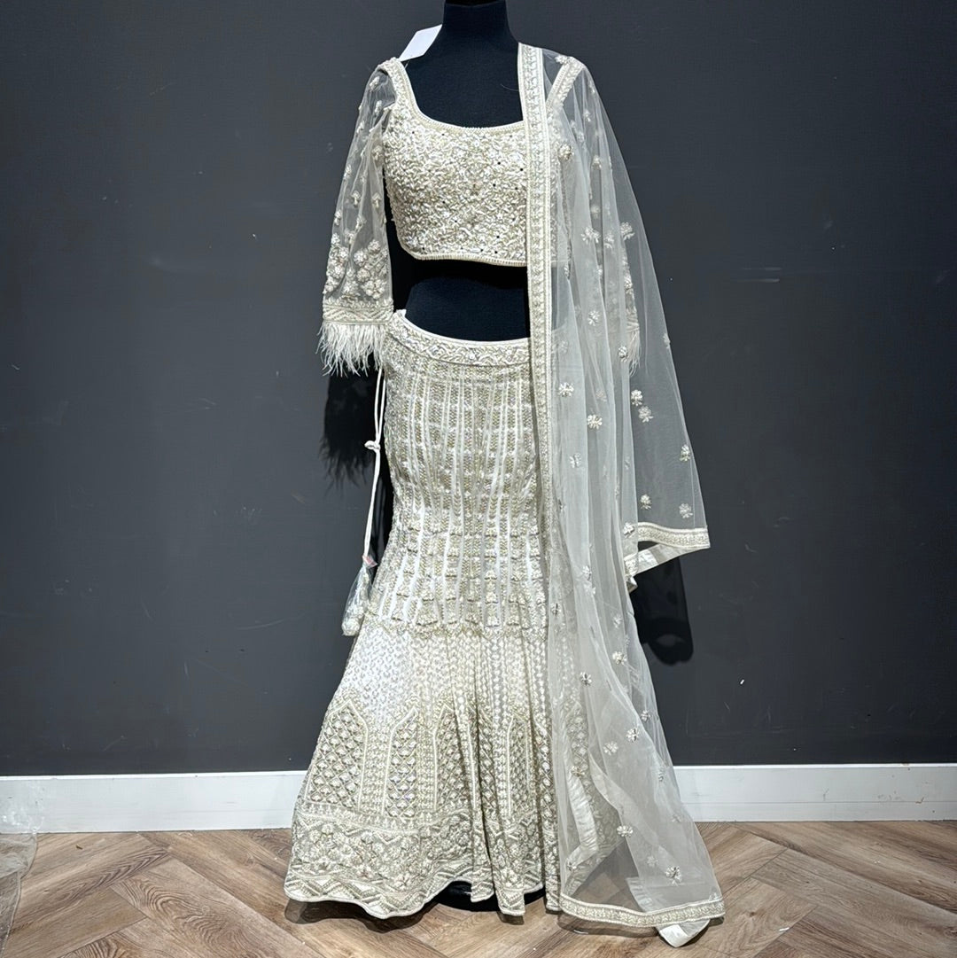 Pearl-Adorned White Lehenga Elegance