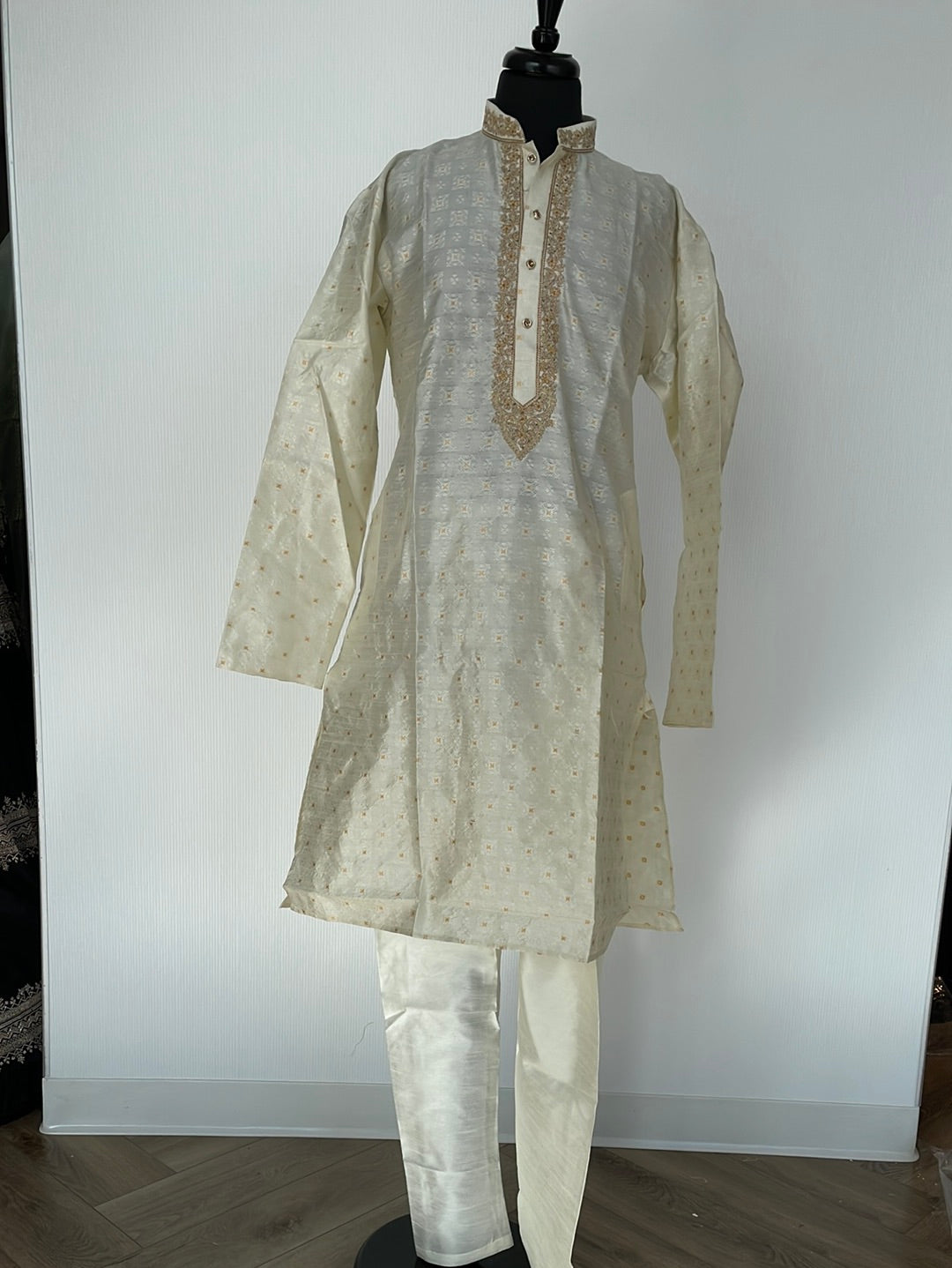 Self printed silk kurta pajama with golden embroidery