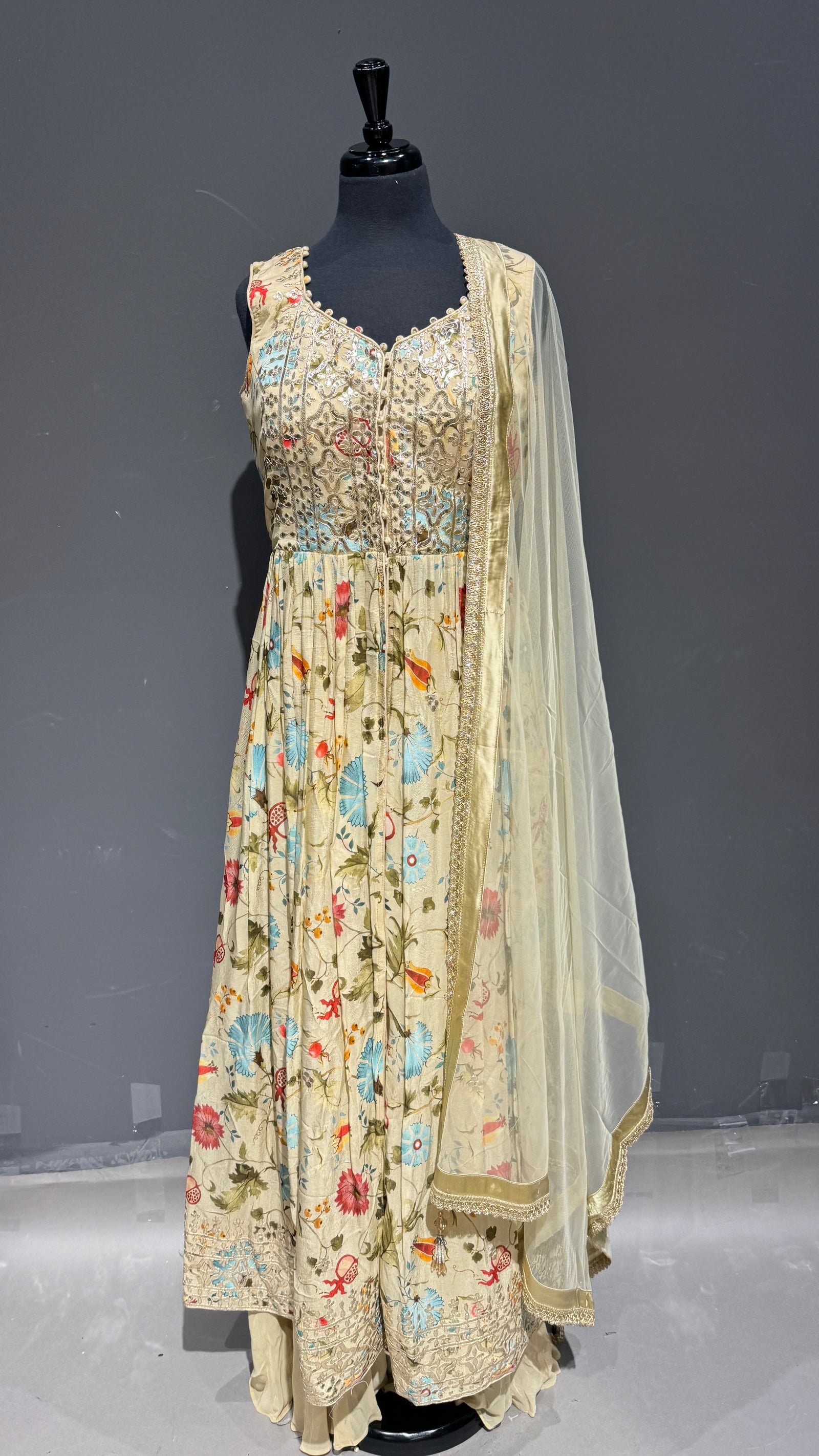 Smart Champagne Sharara Suit with Print & Embroidery