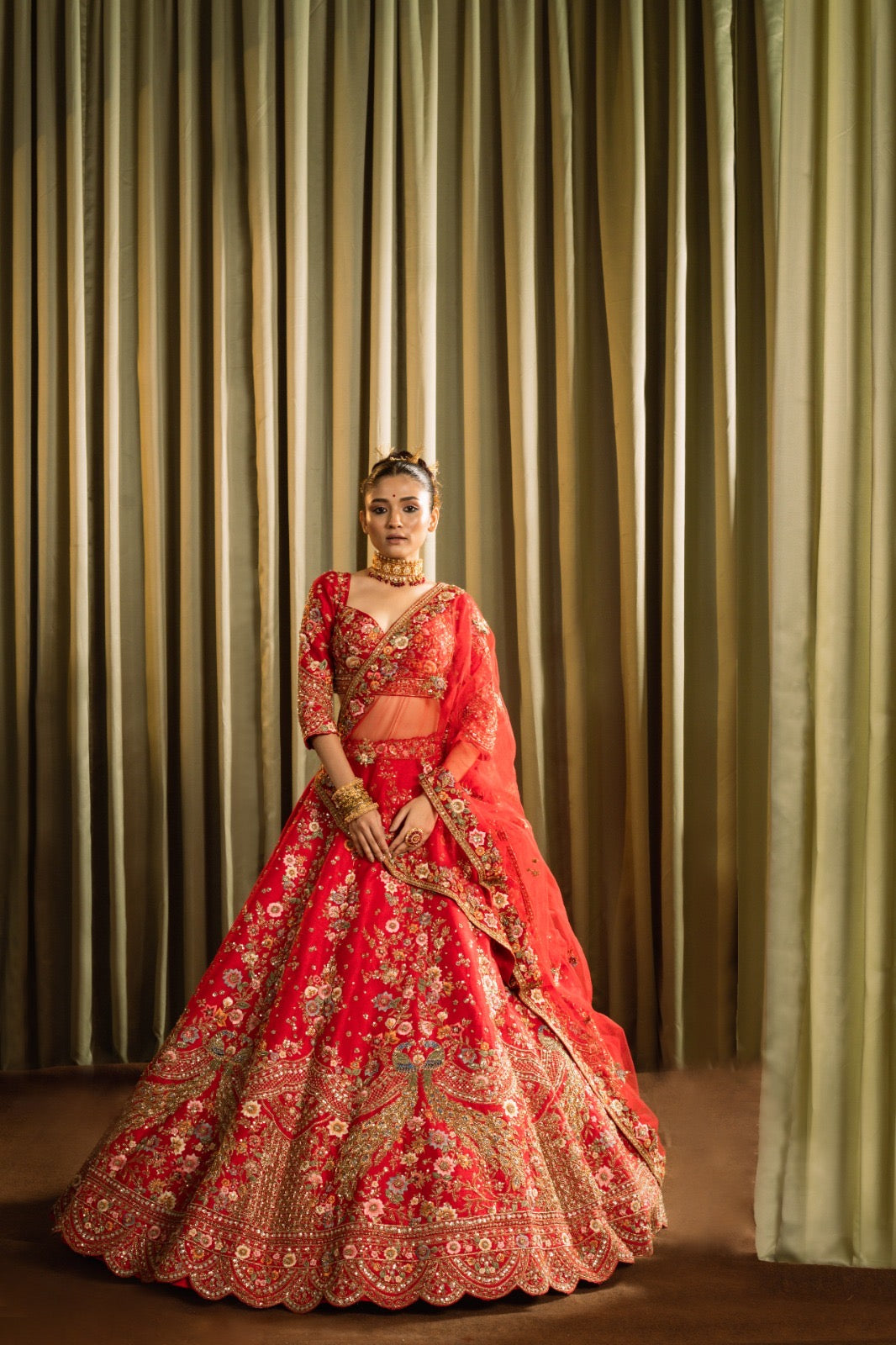 RED MULTI THREAD PEACOCK LEHENGA