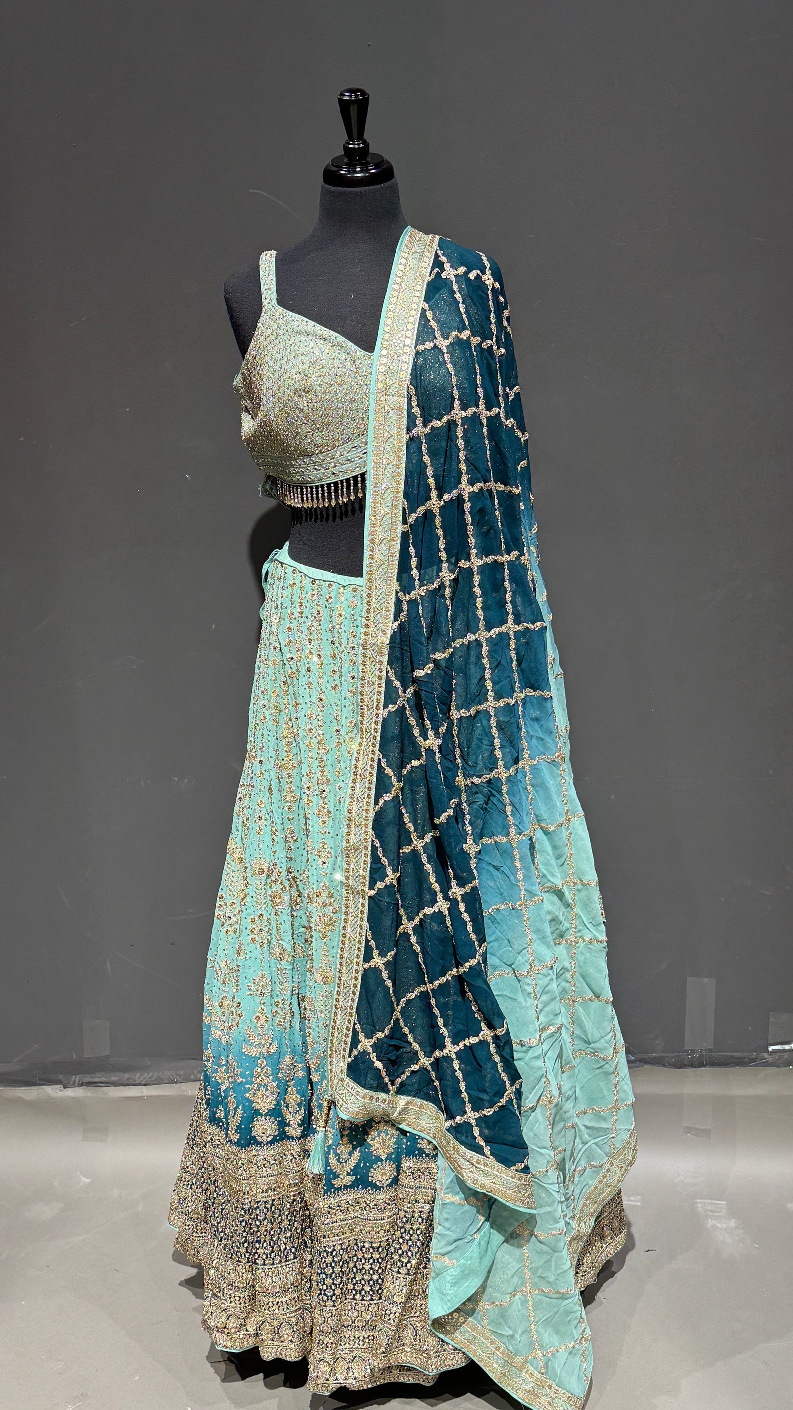 Double Shaded Sequins Lehenga with Mirror Work & Net Dupatta