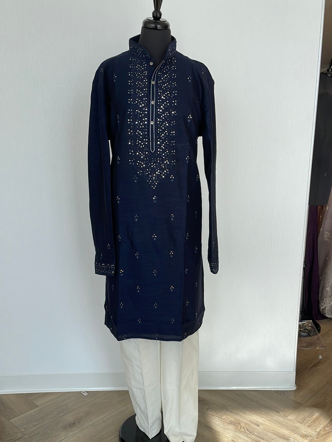 Silk kurta pajama with thread and mirror work