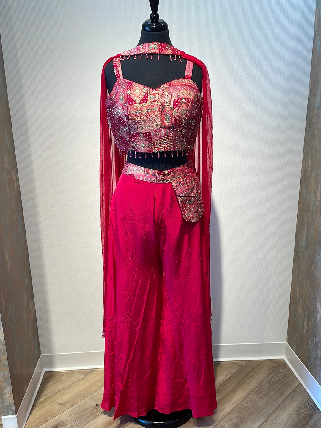 Chic side pocket Crop top sharara with strappy embroidery blouse