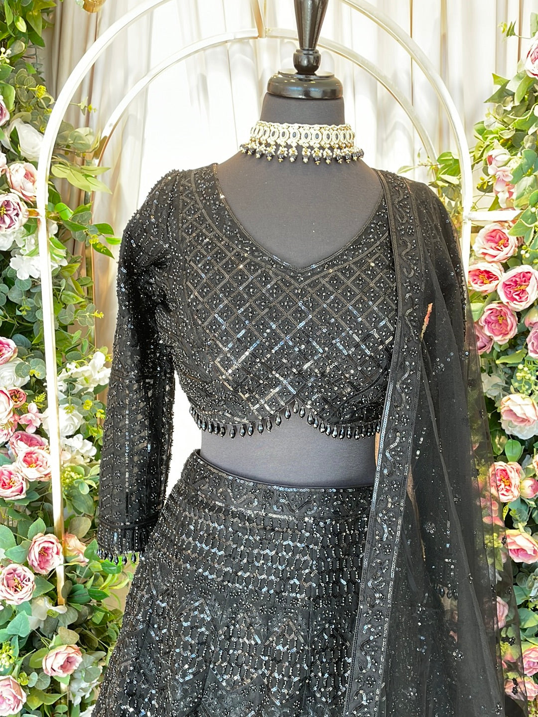 Luminous Black Sequins And Pearl Lehenga With Full Sleeve Blouse