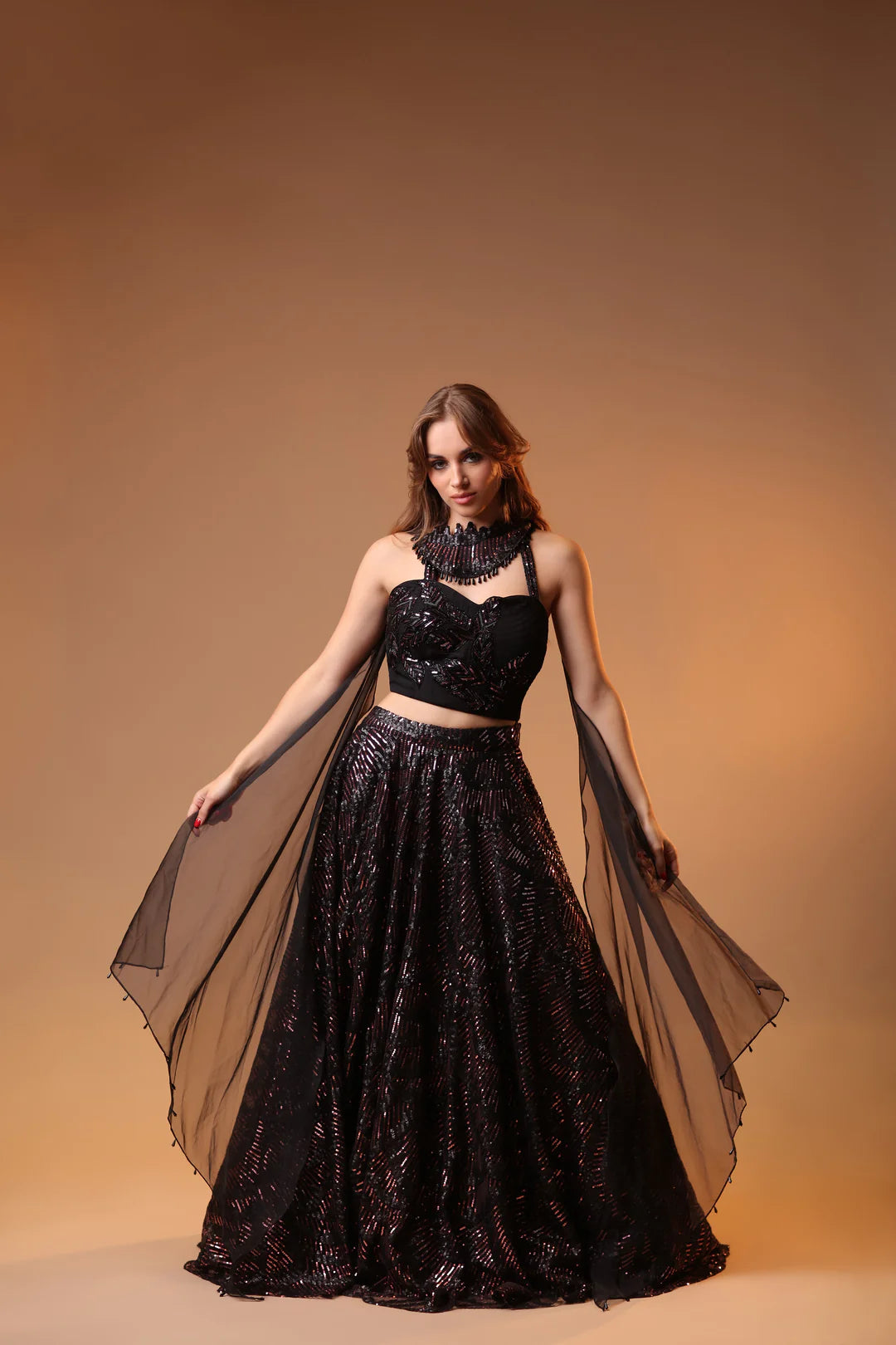 Image of a raven black lehenga.