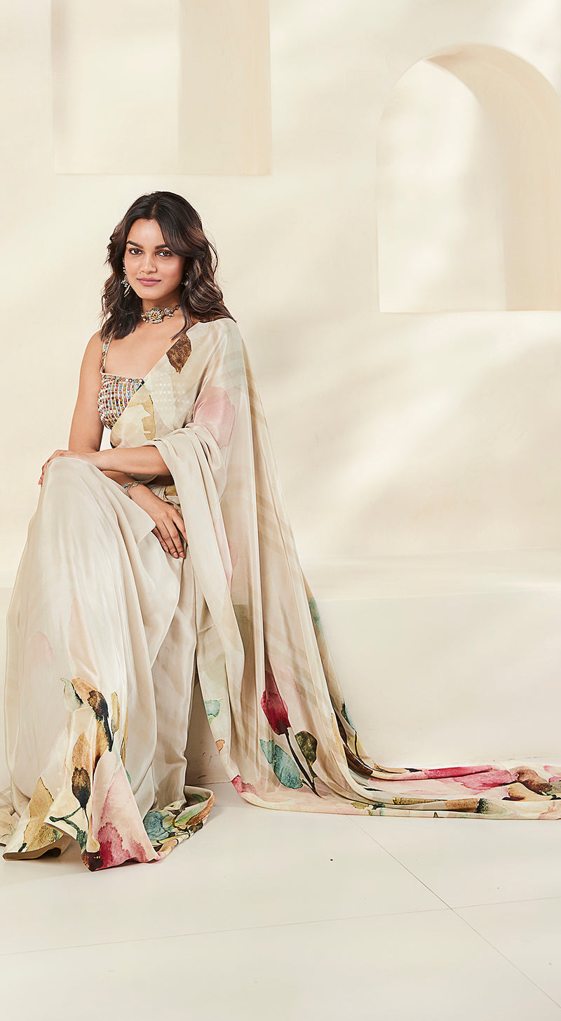 Image of a Beige Crepe Printed & Embroidered Saree.