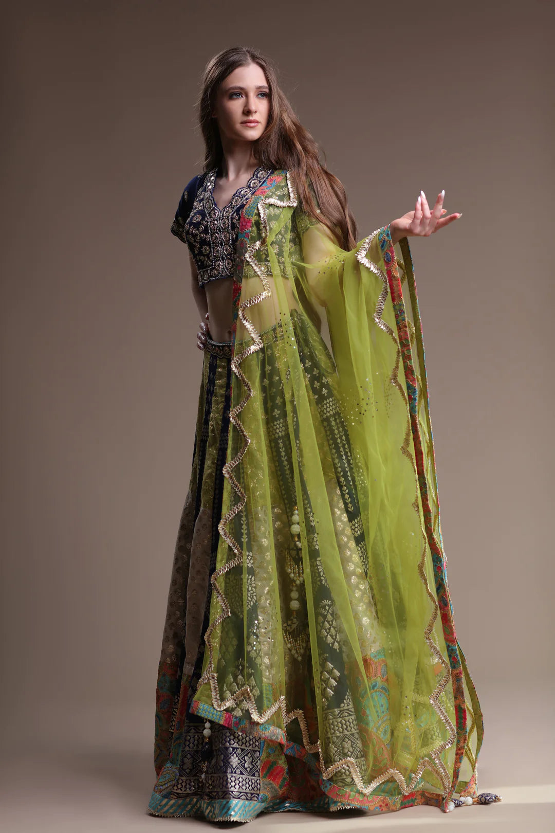 A metallic lehenga with a striking design.