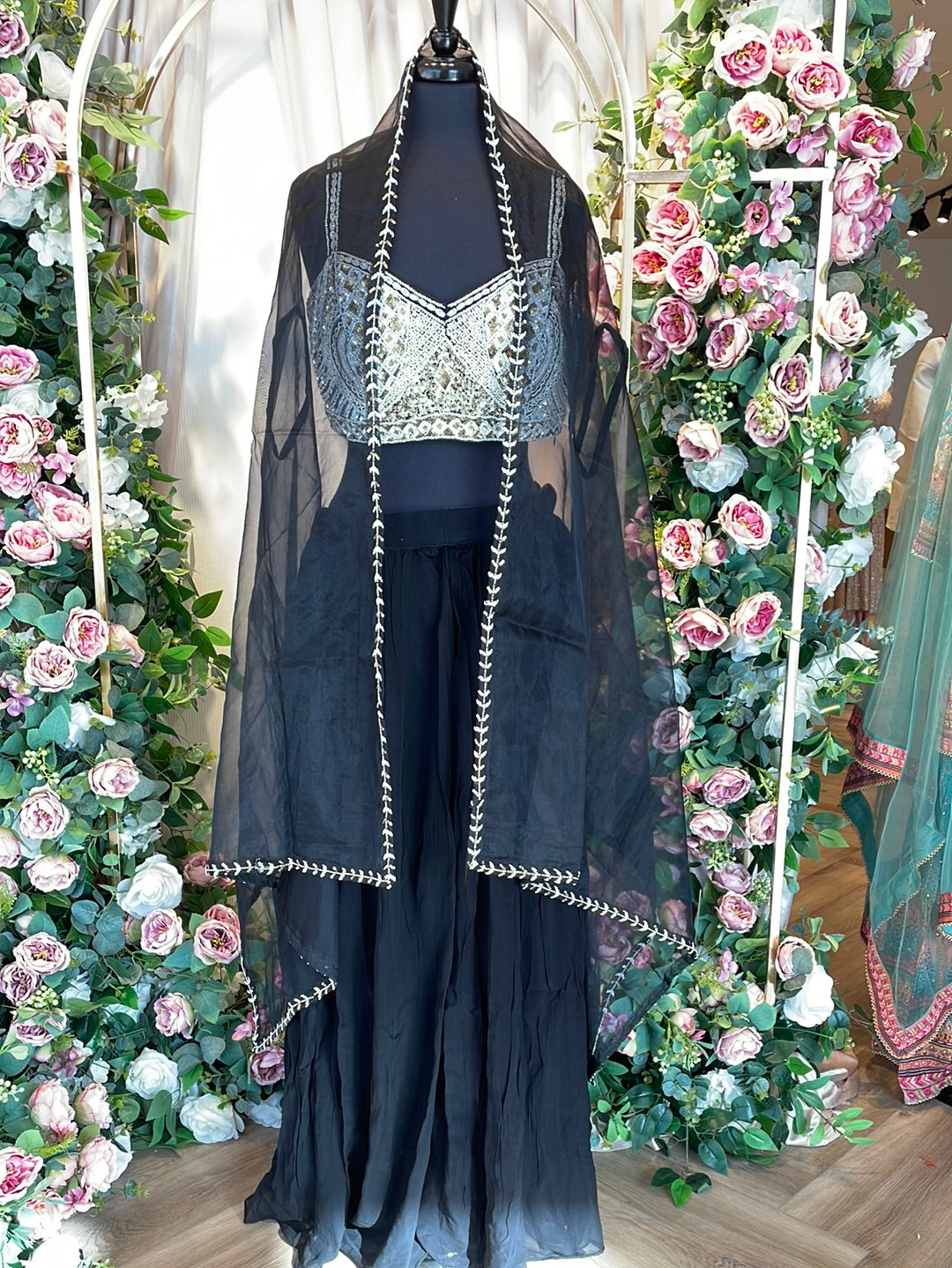 Magnificent Black Crop Top Sharara With Sheer Cape