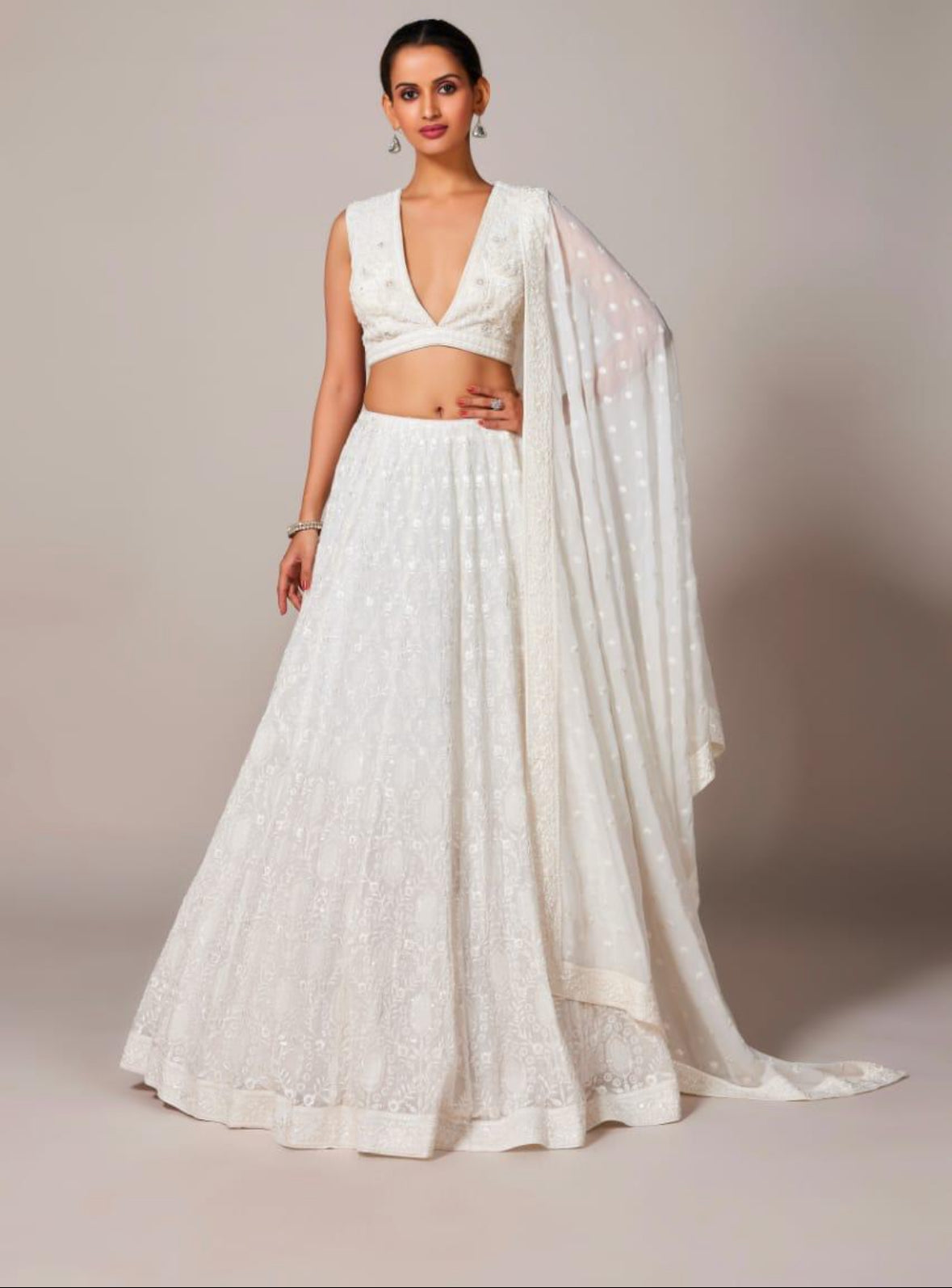 Self embroidery white Lehenga with Pearl work