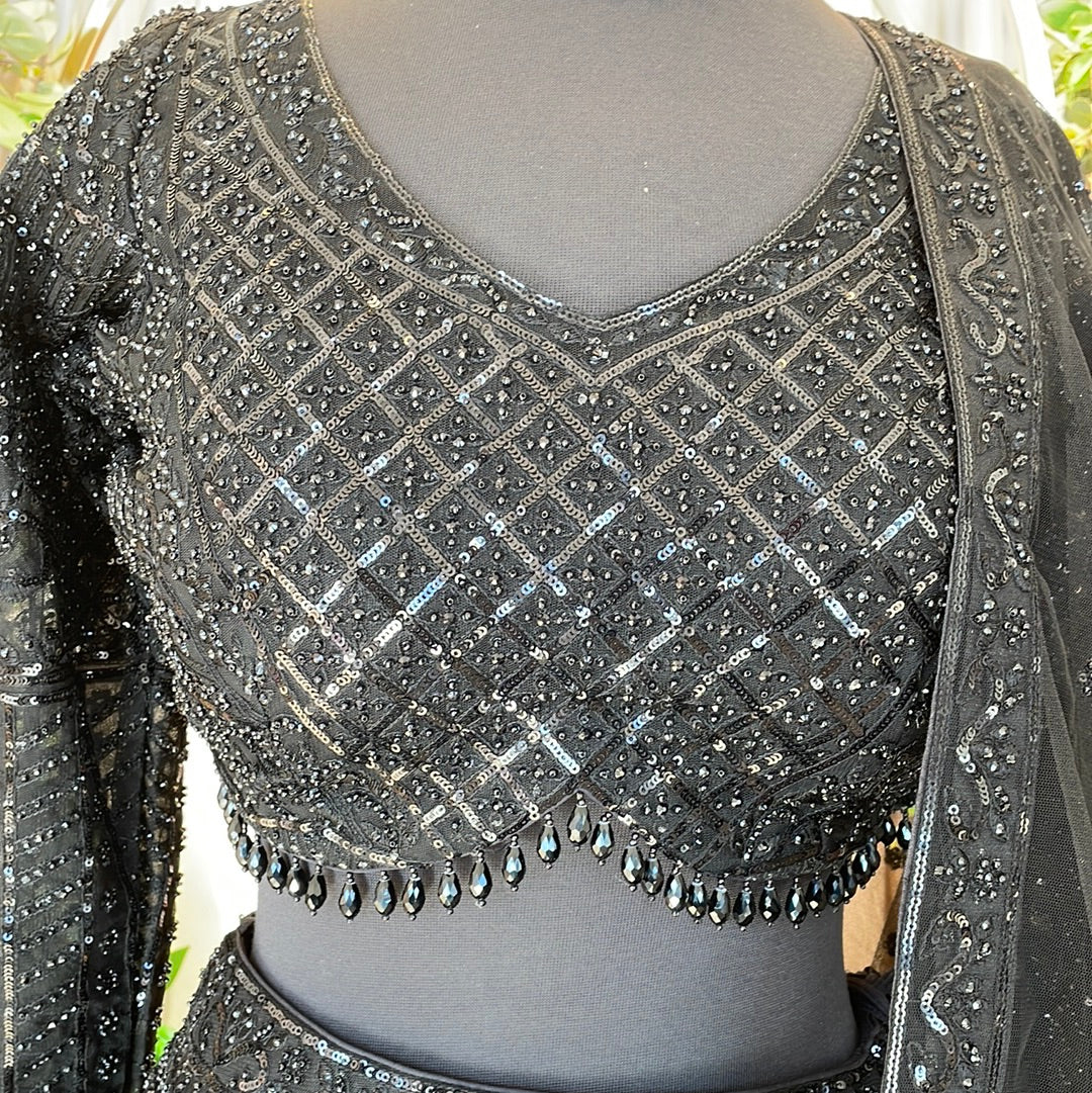 Luminous Black Sequins And Pearl Lehenga With Full Sleeve Blouse