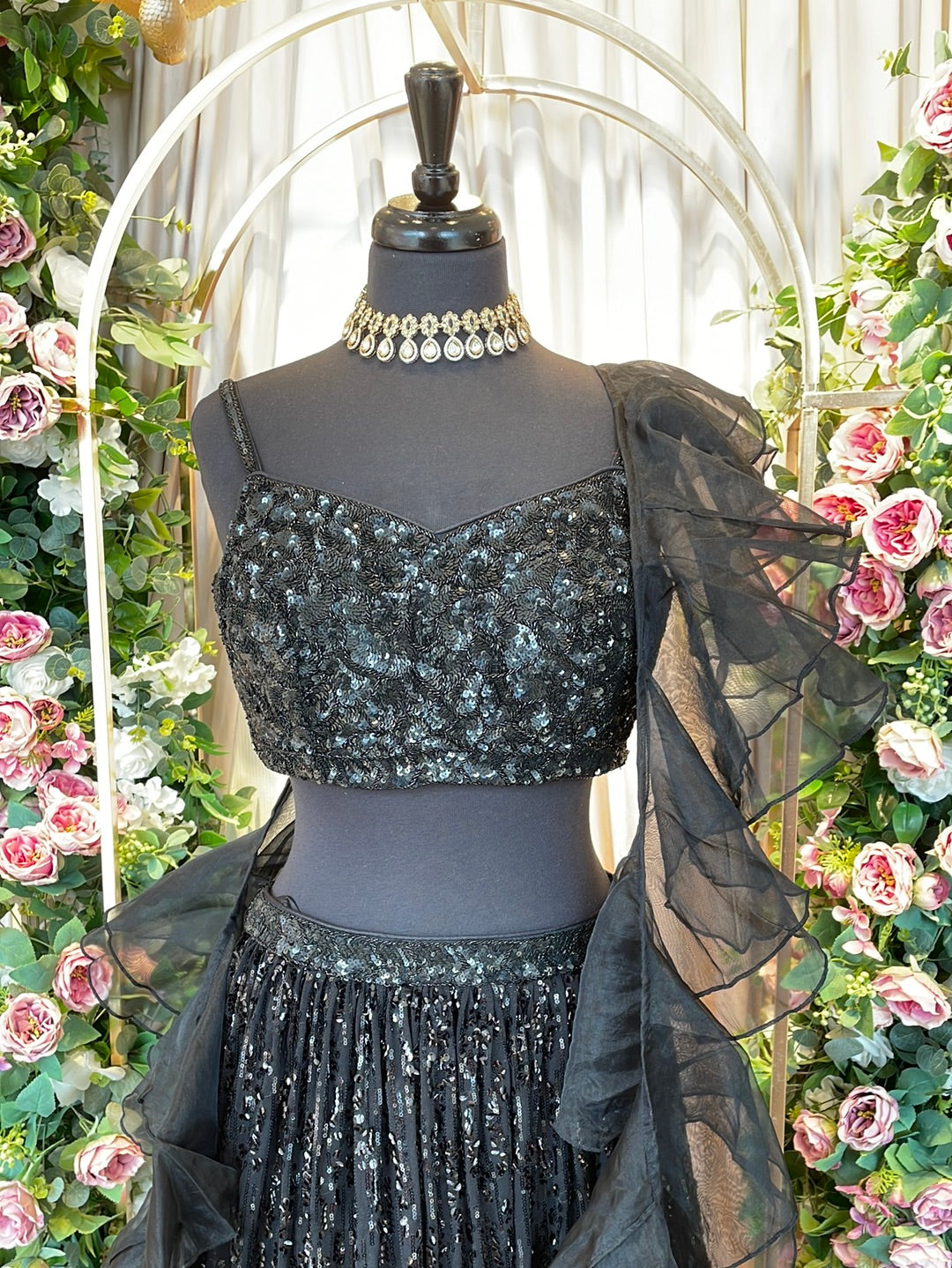 Stunning Black Sequins Lehenga With Strappy Blouse And Ruffle Dupatta