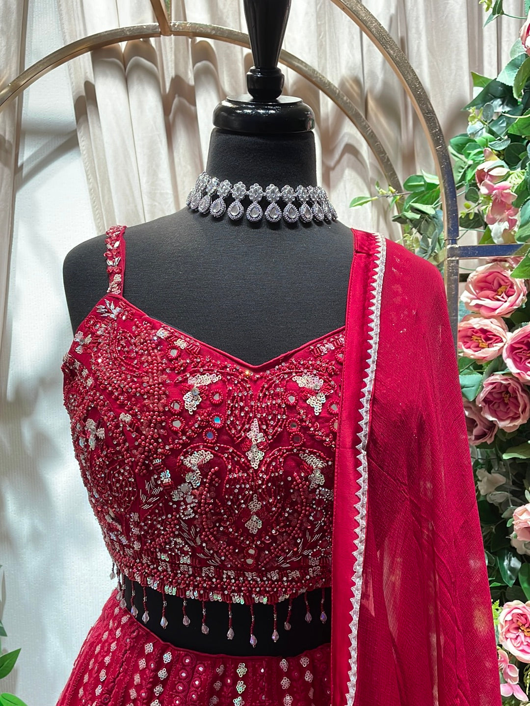 Red Hot Chikankari Sequins Lehenga