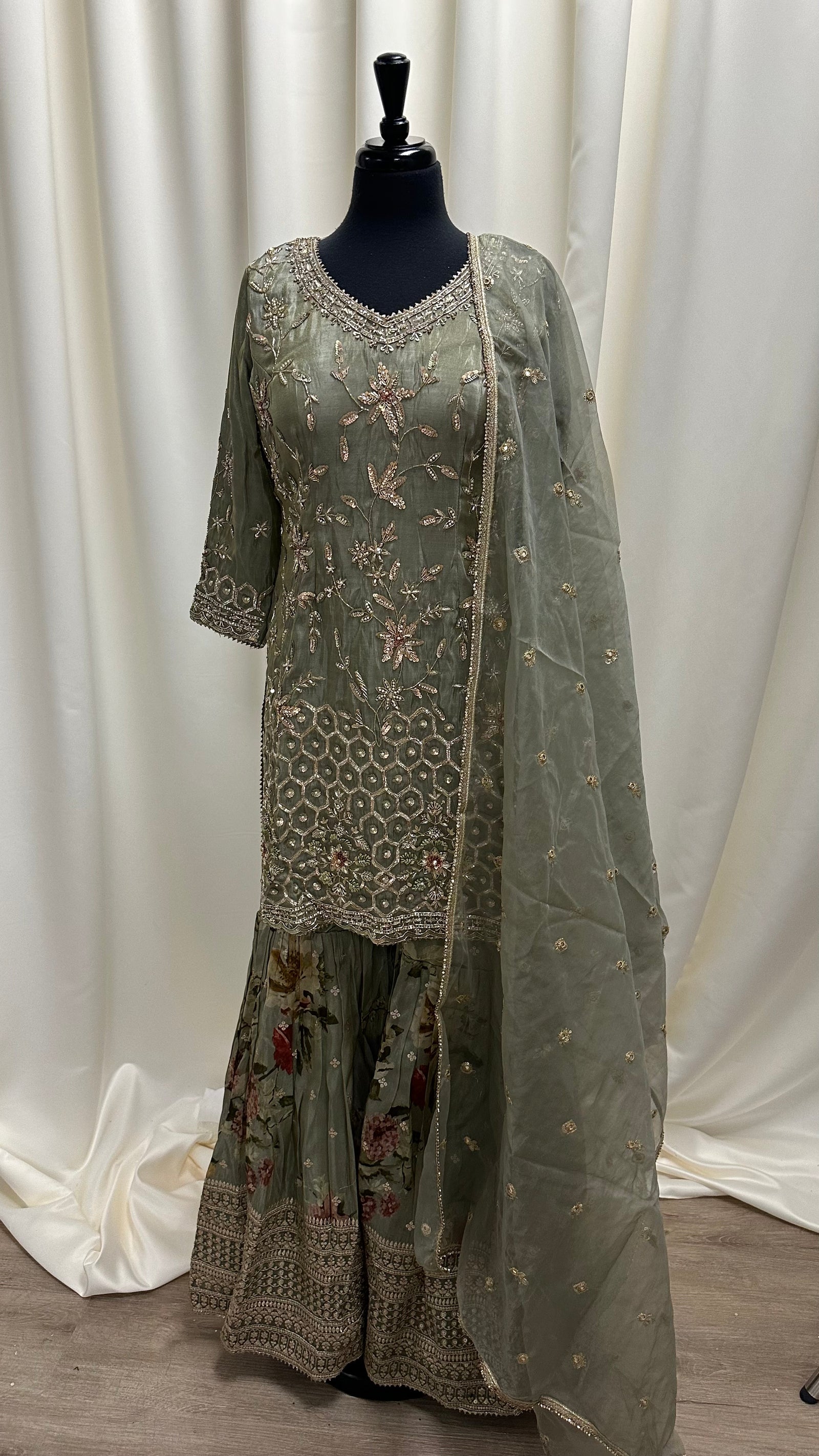 Embroided Shirt With Printed Bottom and Work Gharara Suit