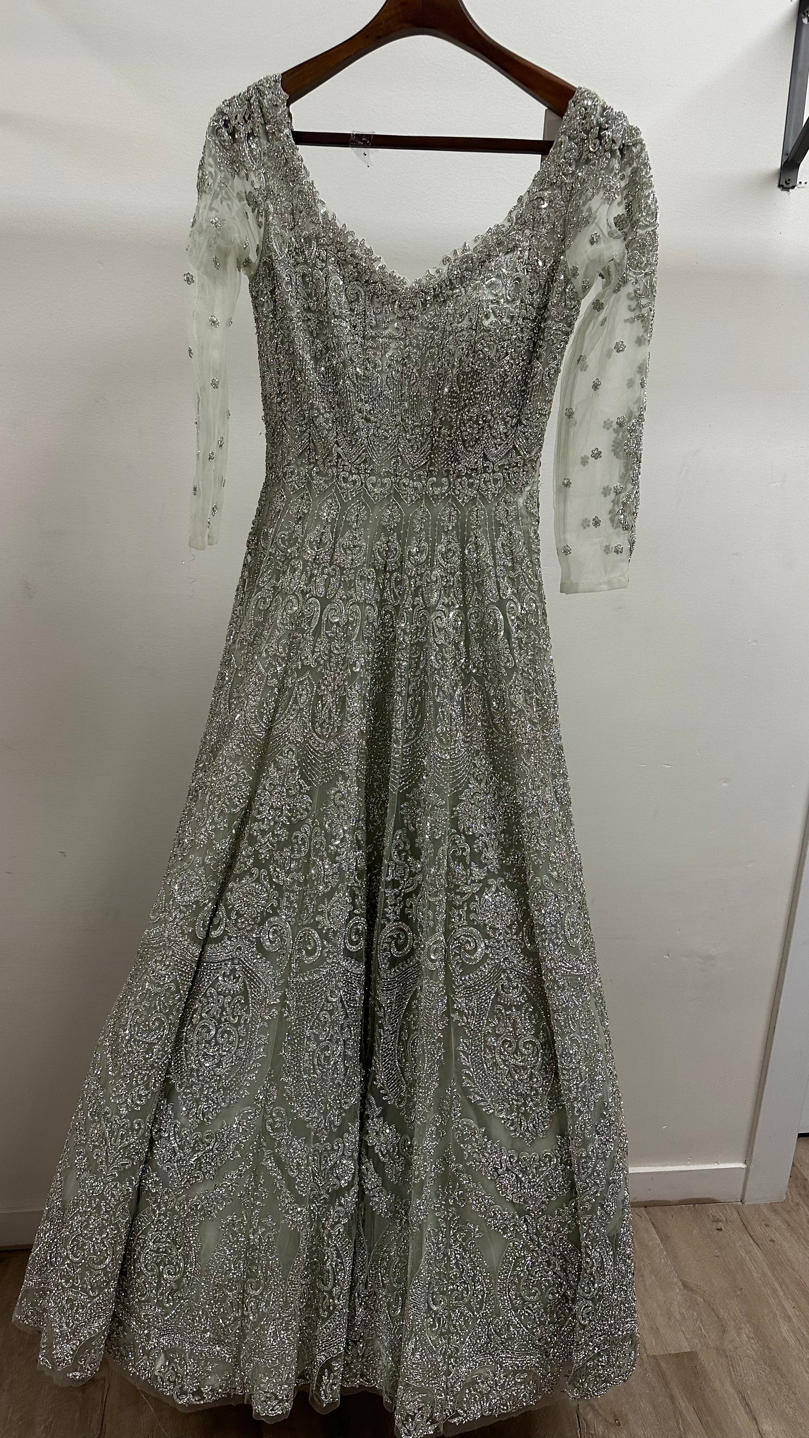 Exquisite Sage Gown with Silver Swarovski DetaiL