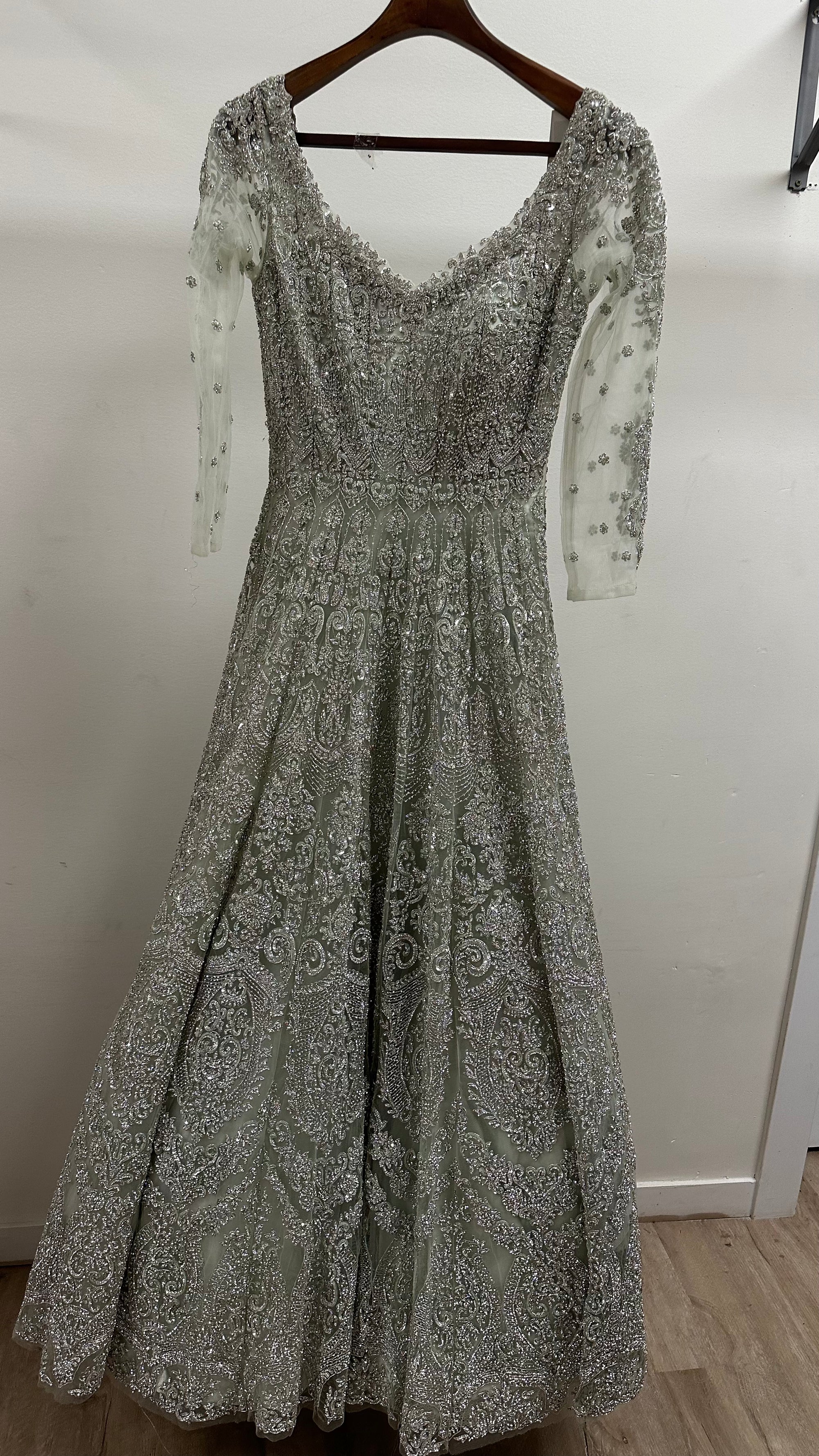 Exquisite Sage Gown with Silver Swarovski DetaiL