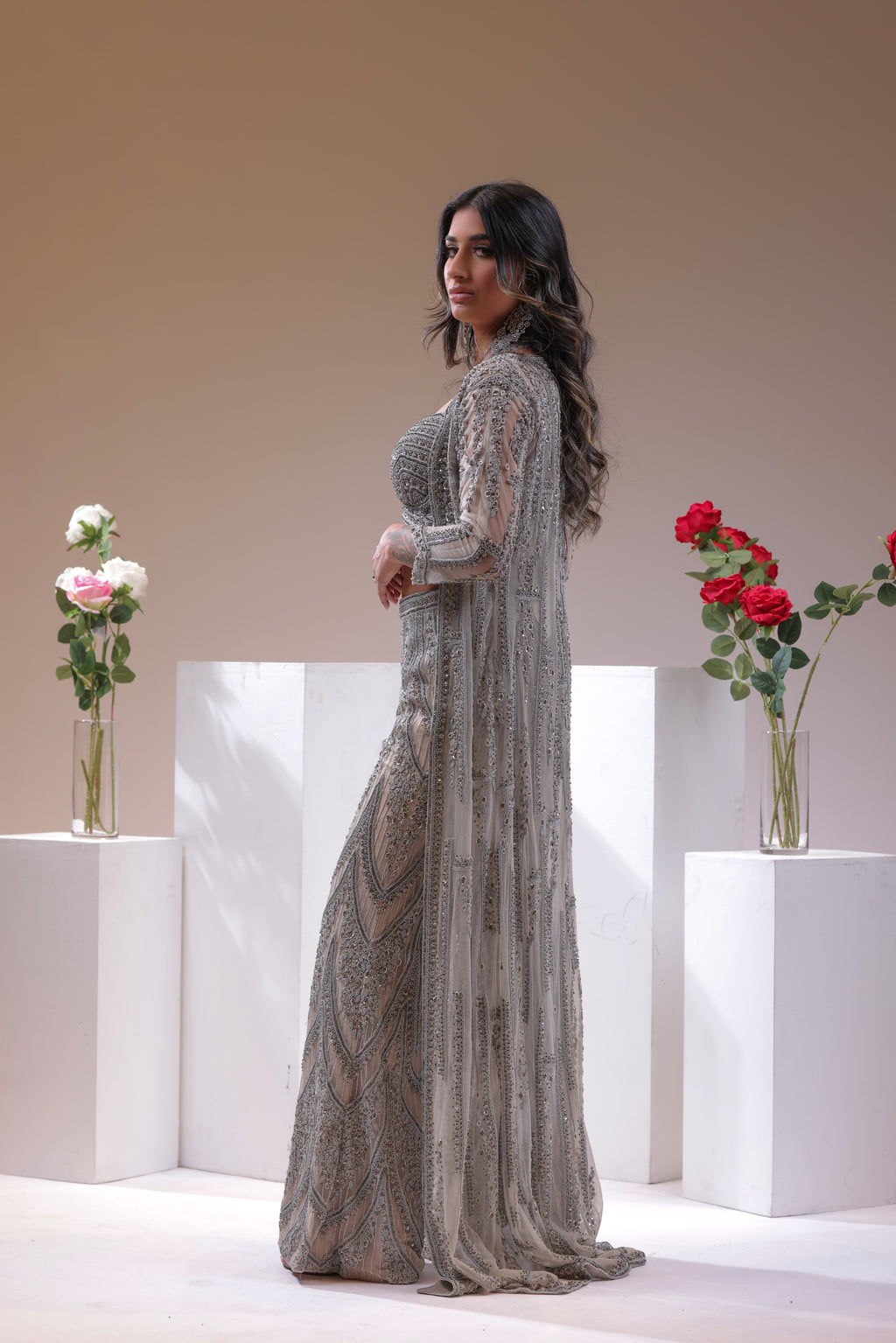 Fully Embroidered Handwork Long Jacket with Blouse and Pants