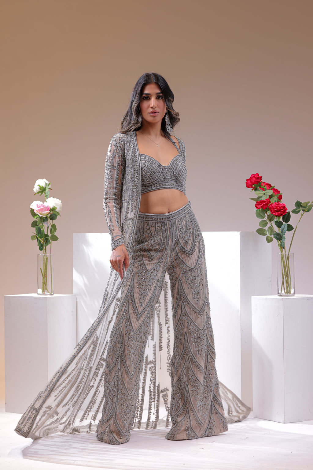 Fully Embroidered Handwork Long Jacket with Blouse and Pants