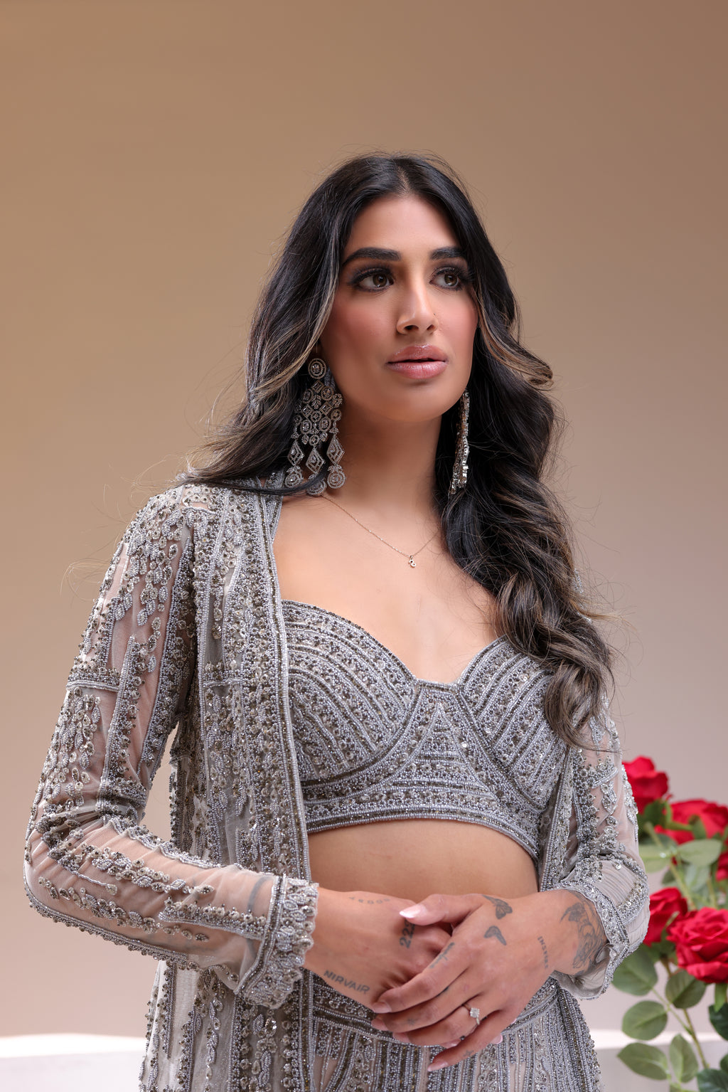 Fully Embroidered Handwork Long Jacket with Blouse and Pants