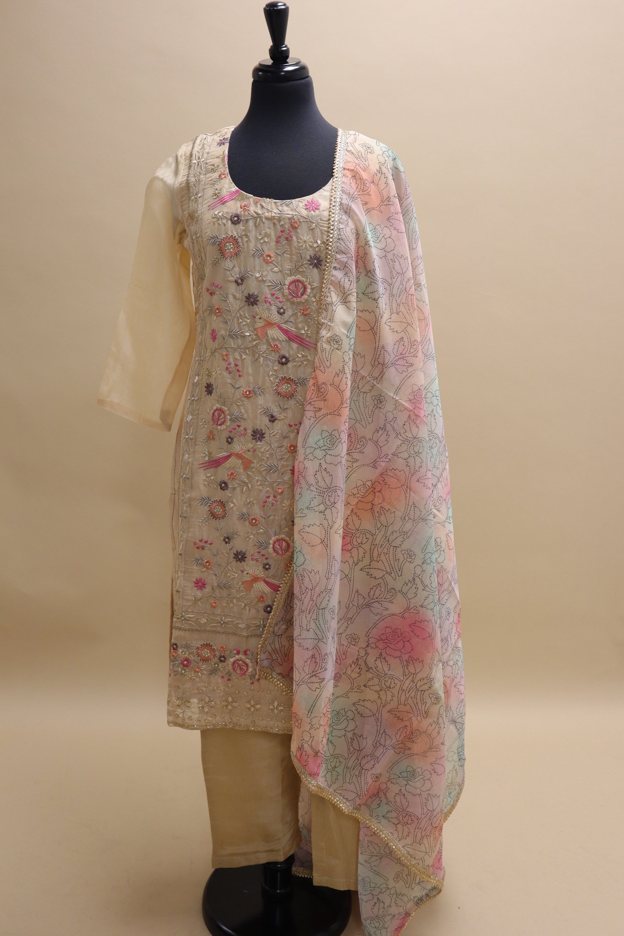 Organza Pant Suit with Multicolor Dupatta