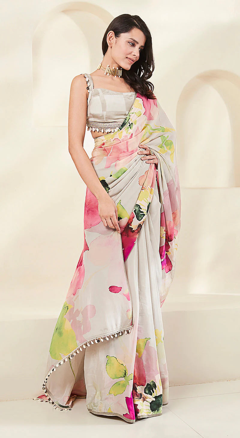 picture of a grey floral printed crepe saree.