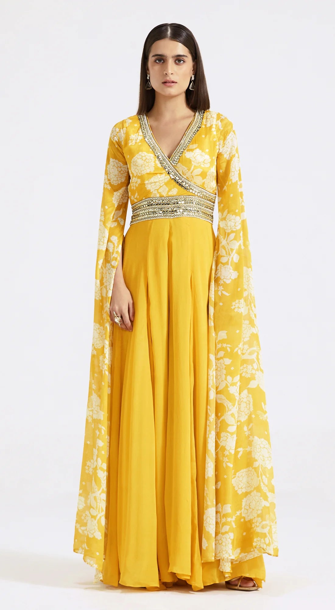 Yellow Jumpsuit With Cape Sleeves