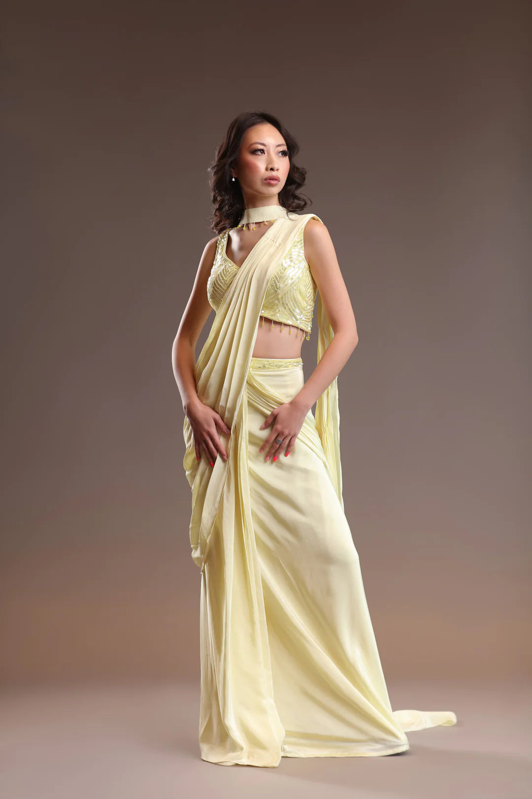 Image of a beautiful fruity lemon yellow saree.