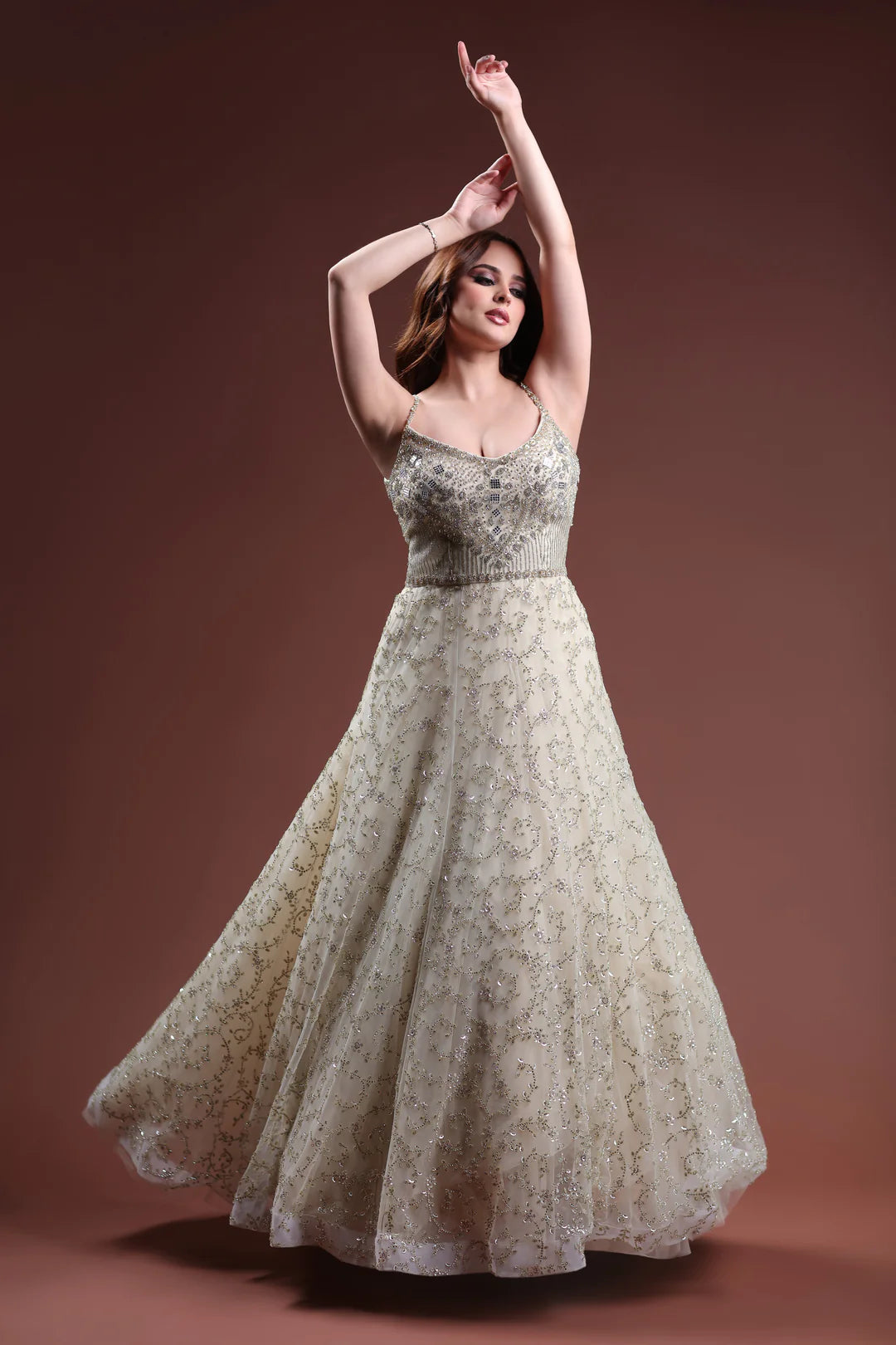 Image of a sparkly white lehenga gown.