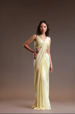 model is wearing fruity lemon colors georgette saree.