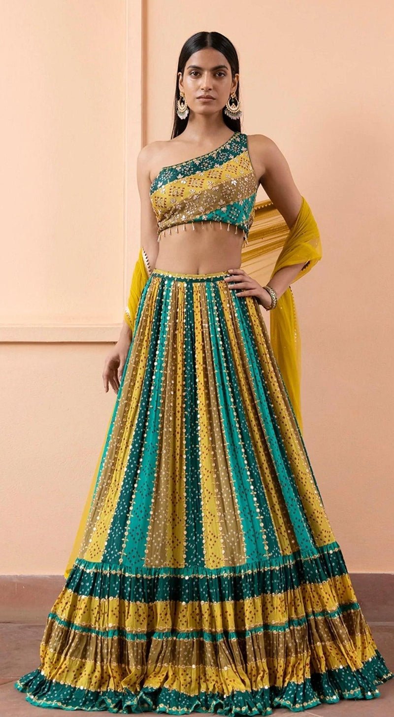 Bandhani Print Lehenga Set With Asymmetrical Neckline