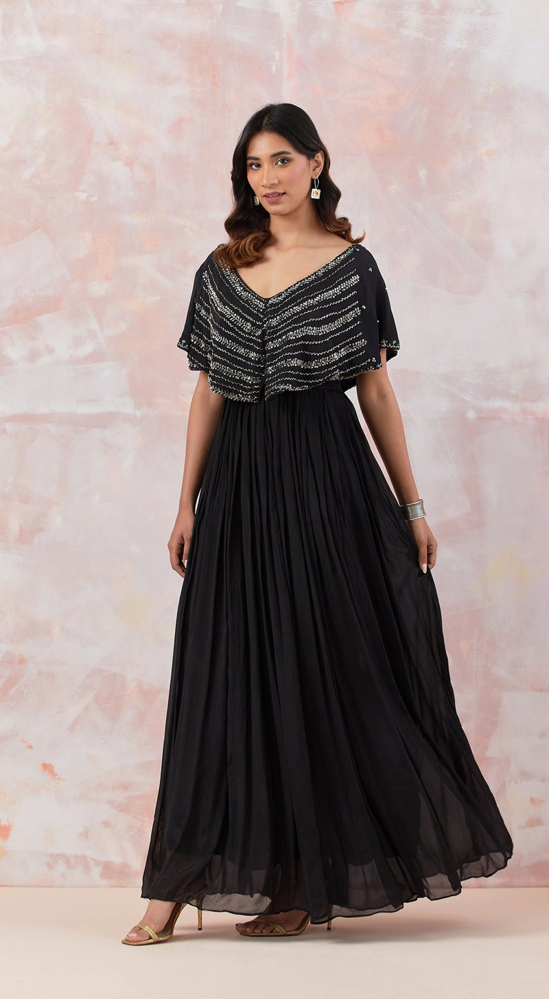 Black Caped Gown With Embroidery - MEENA BAZAAR CANADAMeena Bazaar CanadaXXS