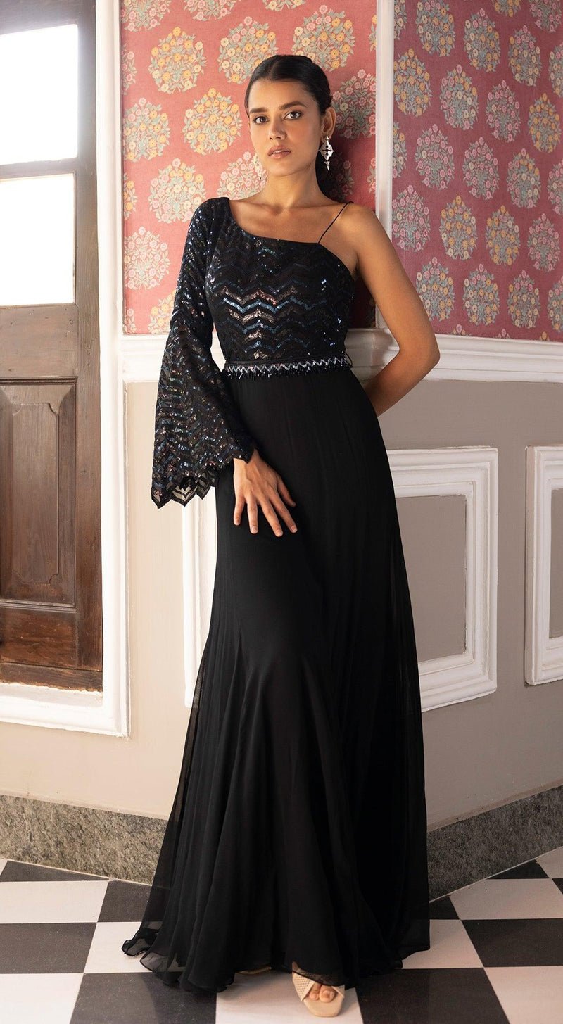 Black Sequins One Shoulder Gown - MEENA BAZAAR CANADAMeena Bazaar CanadaXXS