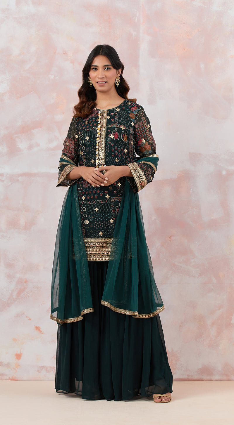 Bottle Green Embellished Sharara Set - MEENA BAZAAR CANADAMeena Bazaar CanadaXXS