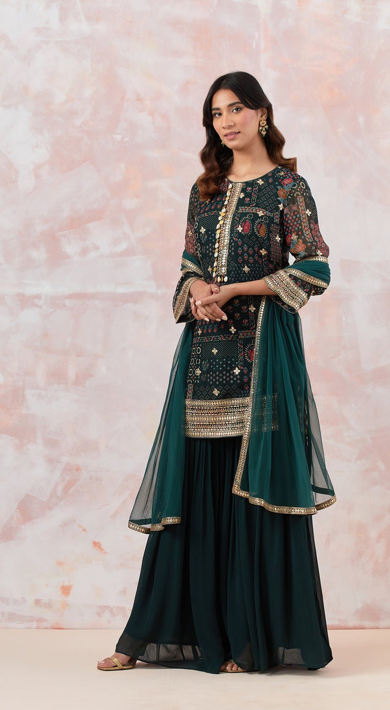 Bottle Green Embellished Sharara Set - MEENA BAZAAR CANADAMeena Bazaar CanadaXXS