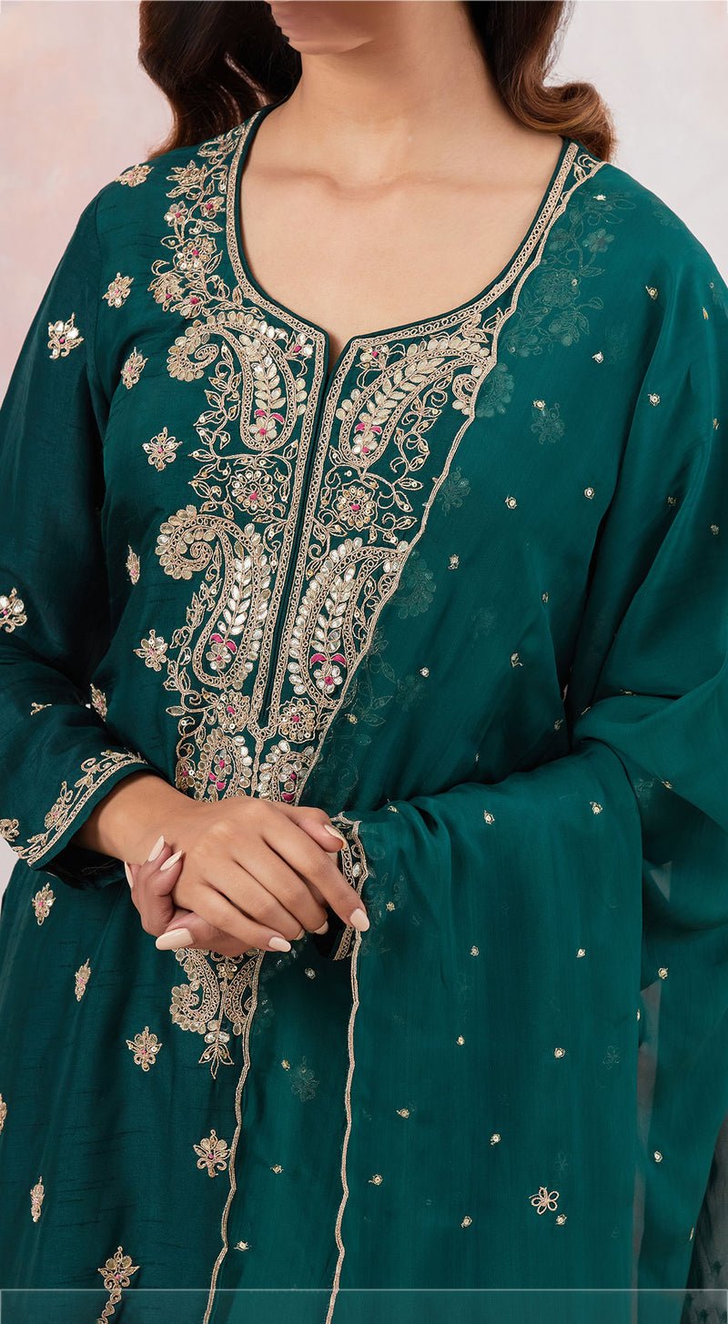 Bottle Green Embroidered Silk Suit – Meena Bazaar