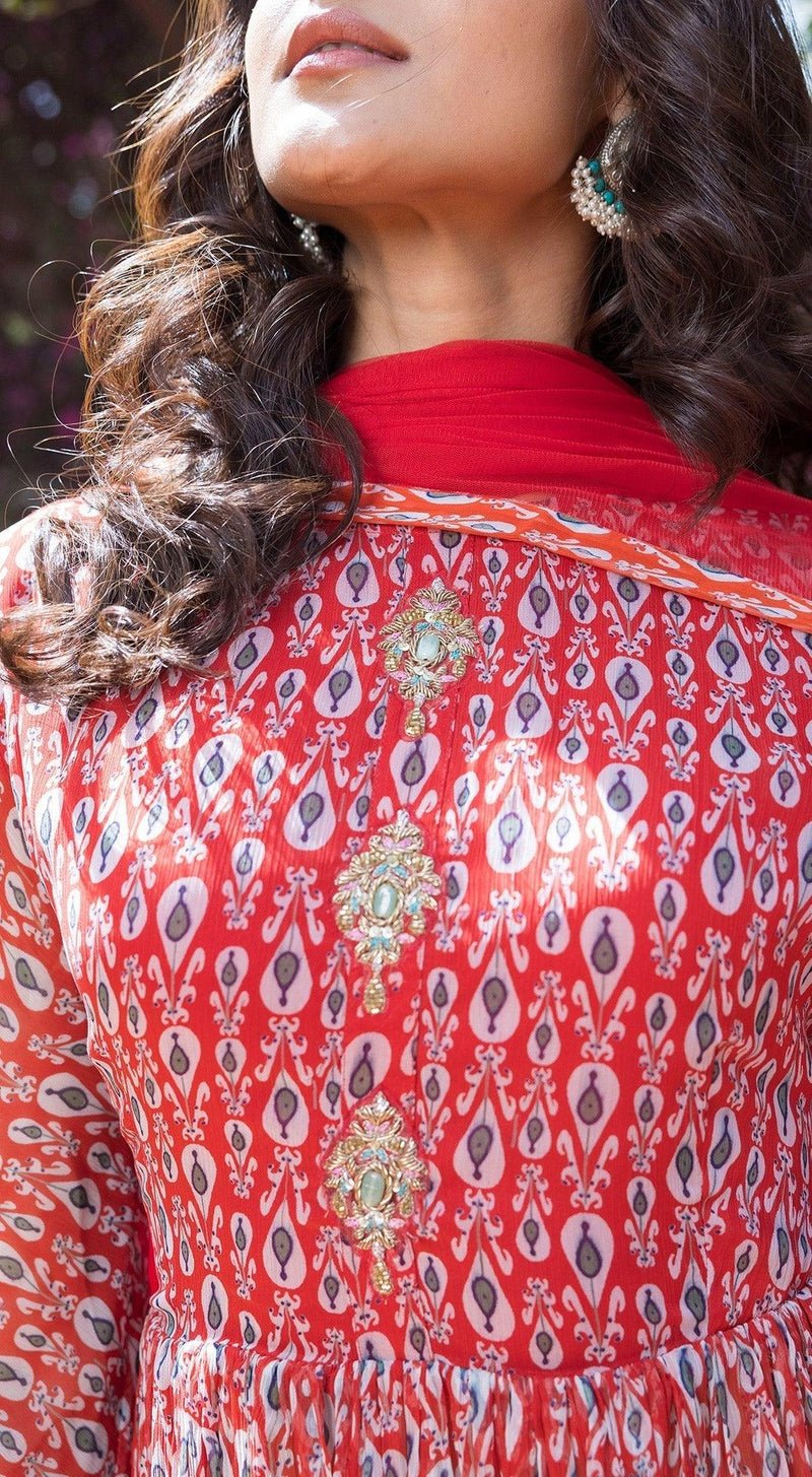 Drop Printed Full Sleeves Sharara Suit Set with A Peplum Top Front Embellishment - RED - MEENA BAZAAR CANADAMeena Bazaar CanadaXXS