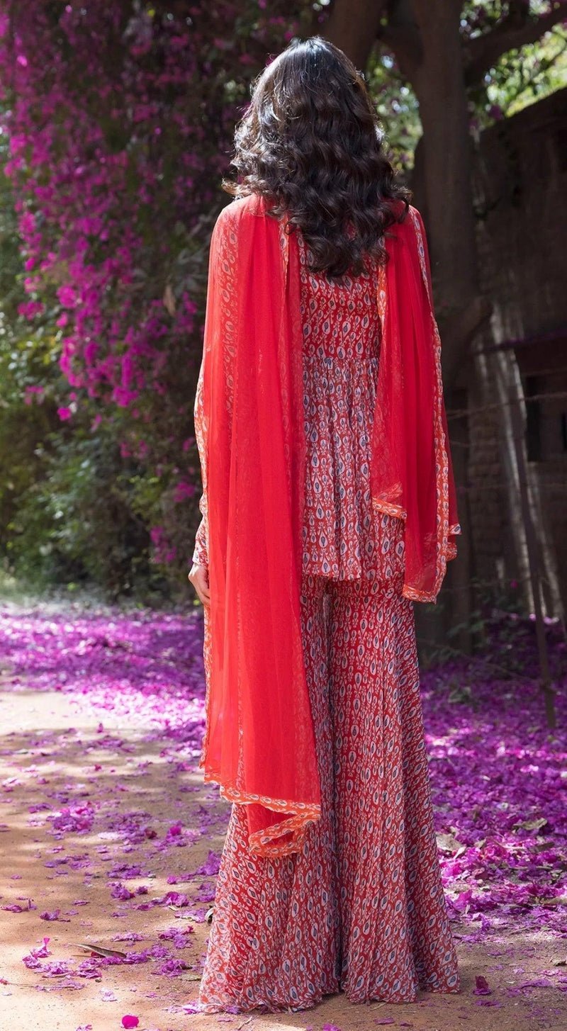 Drop Printed Full Sleeves Sharara Suit Set with A Peplum Top Front Embellishment - RED - MEENA BAZAAR CANADAMeena Bazaar CanadaXXS
