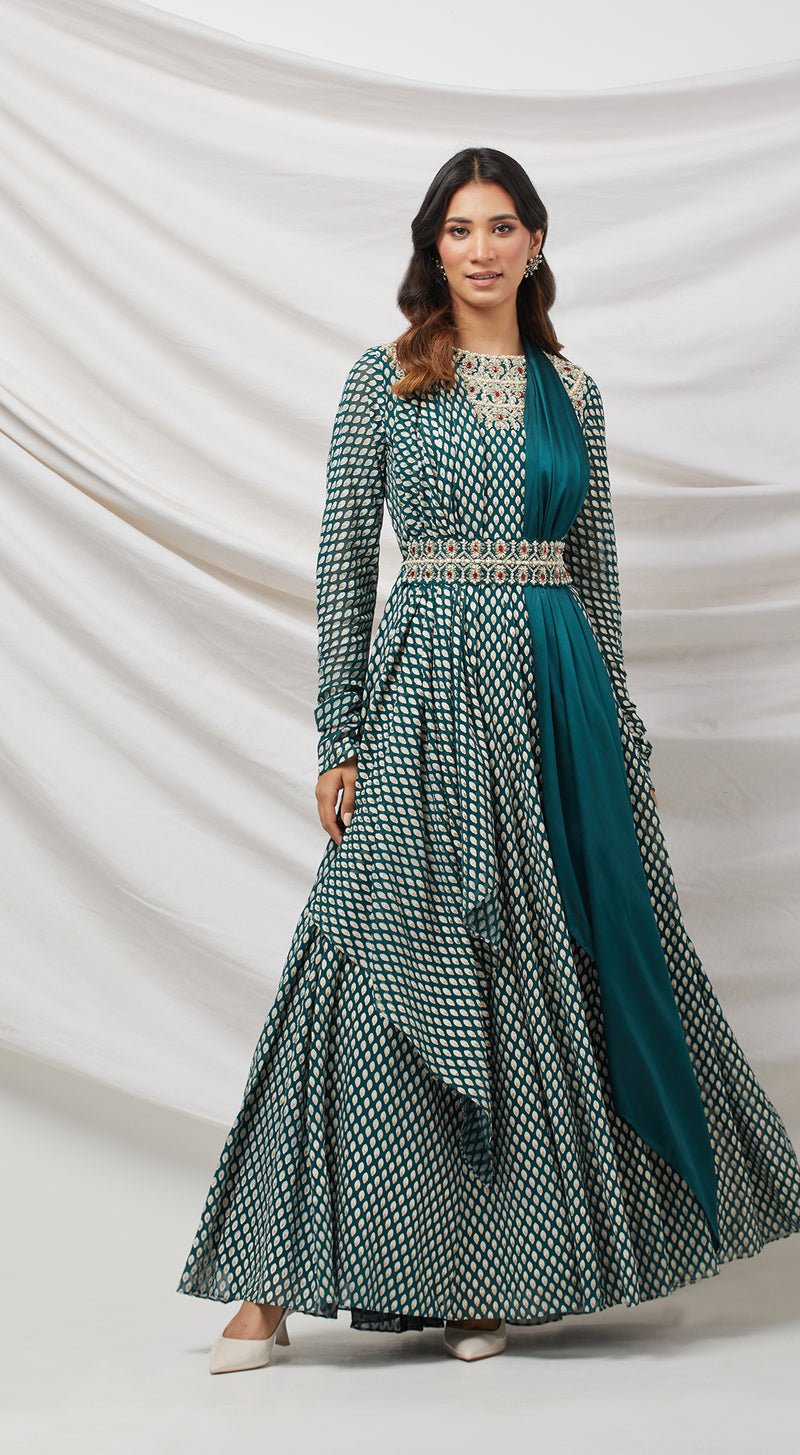 Green Embellished Anarkali Set With Belt - MEENA BAZAAR CANADAMeena Bazaar CanadaXXS