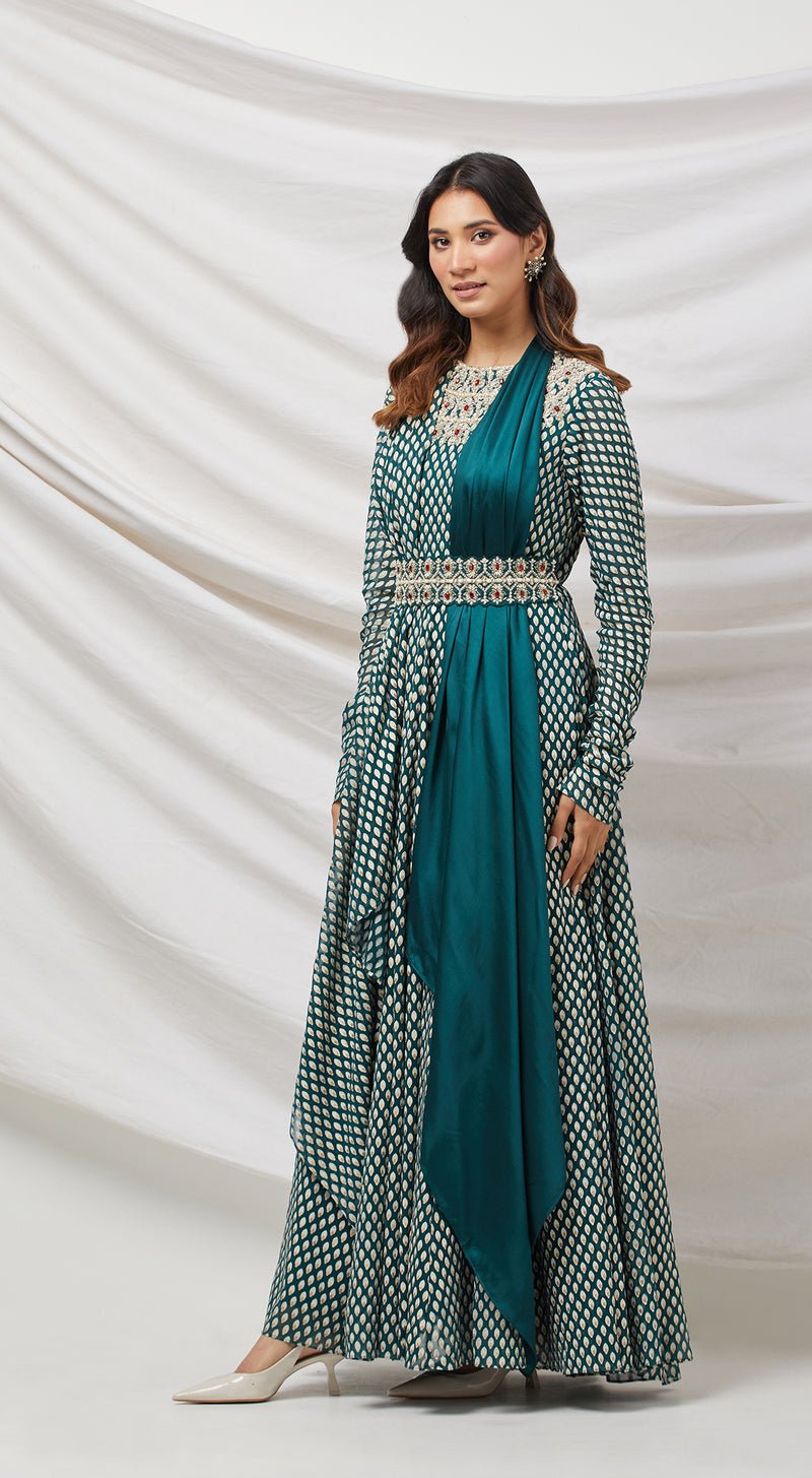 Green Embellished Anarkali Set With Belt - MEENA BAZAAR CANADAMeena Bazaar CanadaXXS