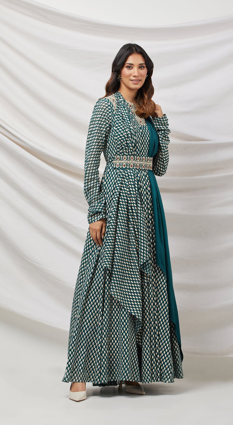 Green Embellished Anarkali Set With Belt - MEENA BAZAAR CANADAMeena Bazaar CanadaXXS