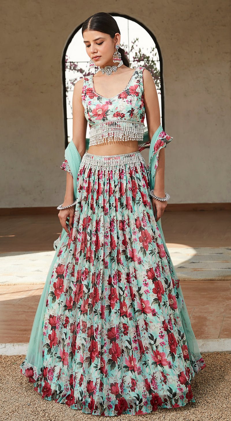 Green Floral Lehenga Set - MEENA BAZAAR CANADAMeena Bazaar CanadaXXS