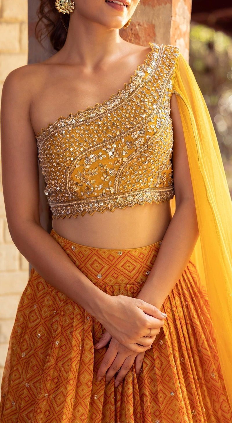 One Shoulder Draped Blouse Printed Lehenga Set - MEENA BAZAAR CANADAMeena Bazaar CanadaXXS