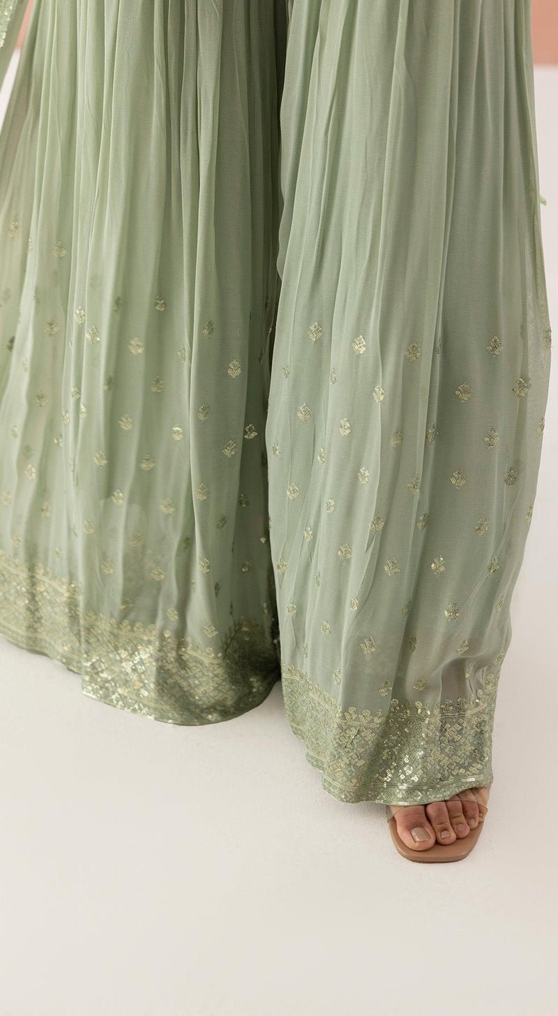 Pista Green Sequin Embellished Sharara Set - MEENA BAZAAR CANADAMeena Bazaar CanadaXXS