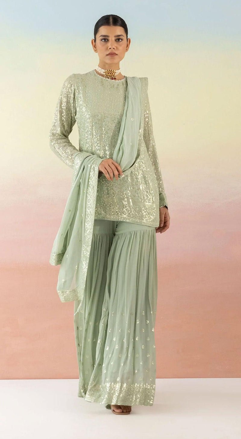 Pista Green Sequin Embellished Sharara Set - MEENA BAZAAR CANADAMeena Bazaar CanadaXXS