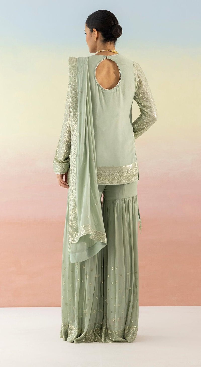 Pista Green Sequin Embellished Sharara Set - MEENA BAZAAR CANADAMeena Bazaar CanadaXXS