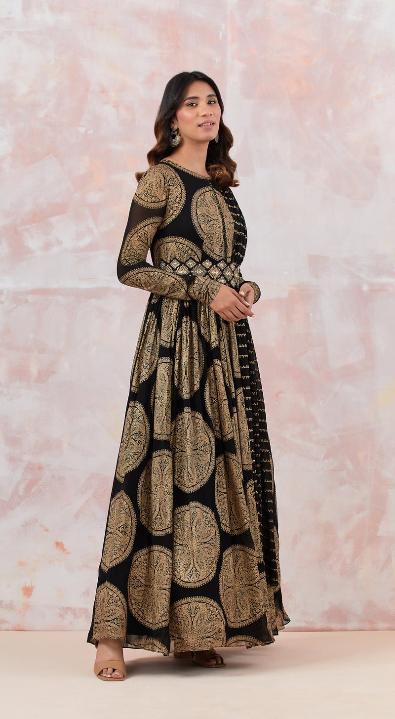 Printed Black Anarkali Set With Embroidered Belt - MEENA BAZAAR CANADAMeena Bazaar CanadaXXS