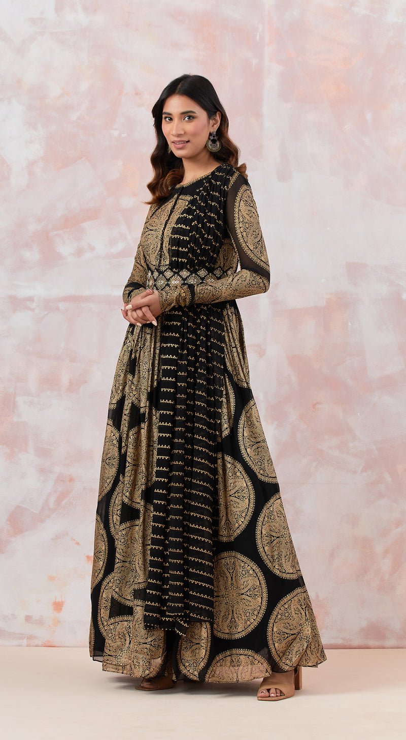 Printed Black Anarkali Set With Embroidered Belt - MEENA BAZAAR CANADAMeena Bazaar CanadaXXS